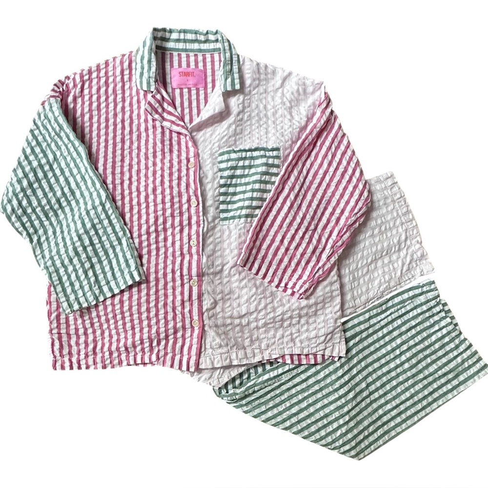 Striped Cotton Pajama Set - Pink & Green